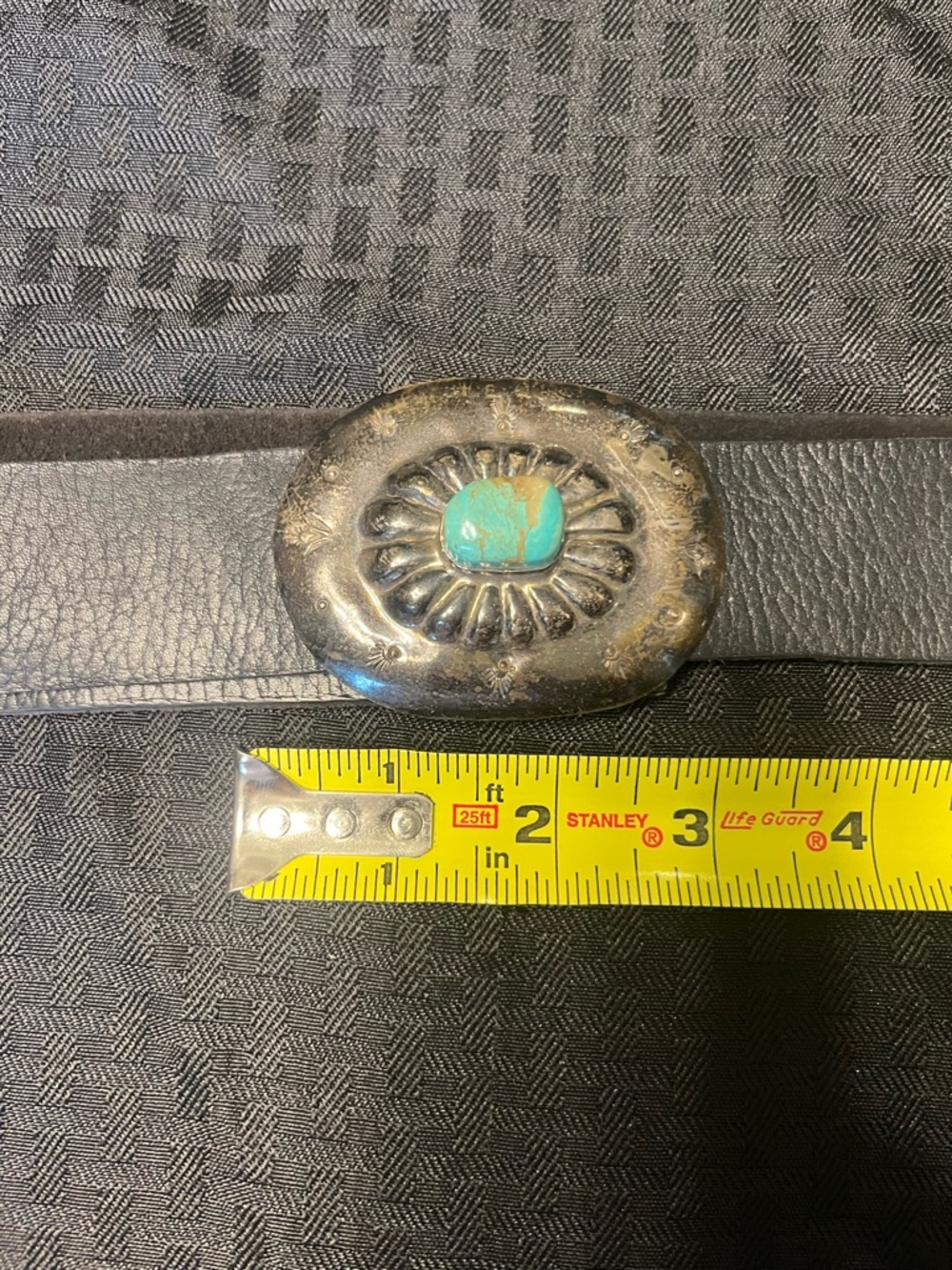 Navajo Vintage Black Leather Belt with 3 Sterling SilverTurquoise-Accent conchos - Picture 5 of 10